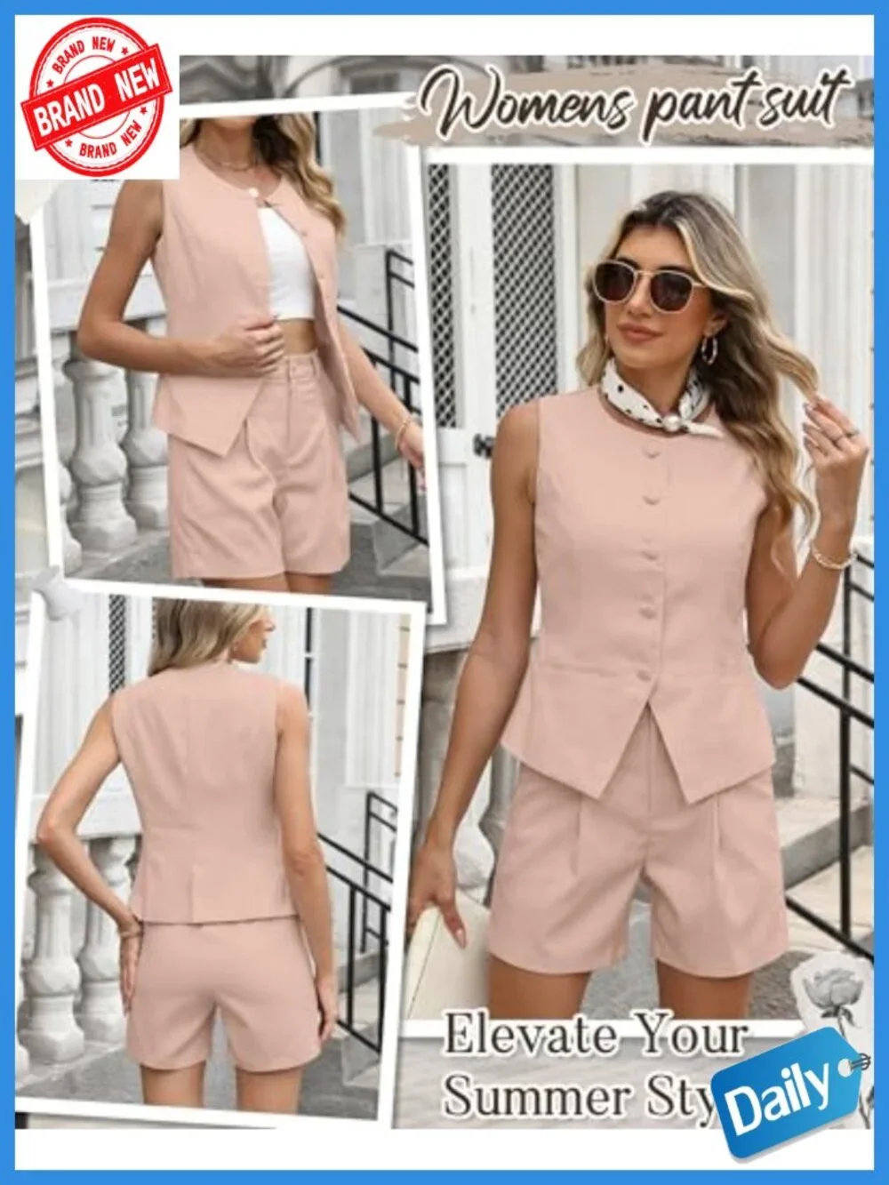 Women's 2 Piece Blazer Set Sleeveless Vest High Waist Shorts Summer Office